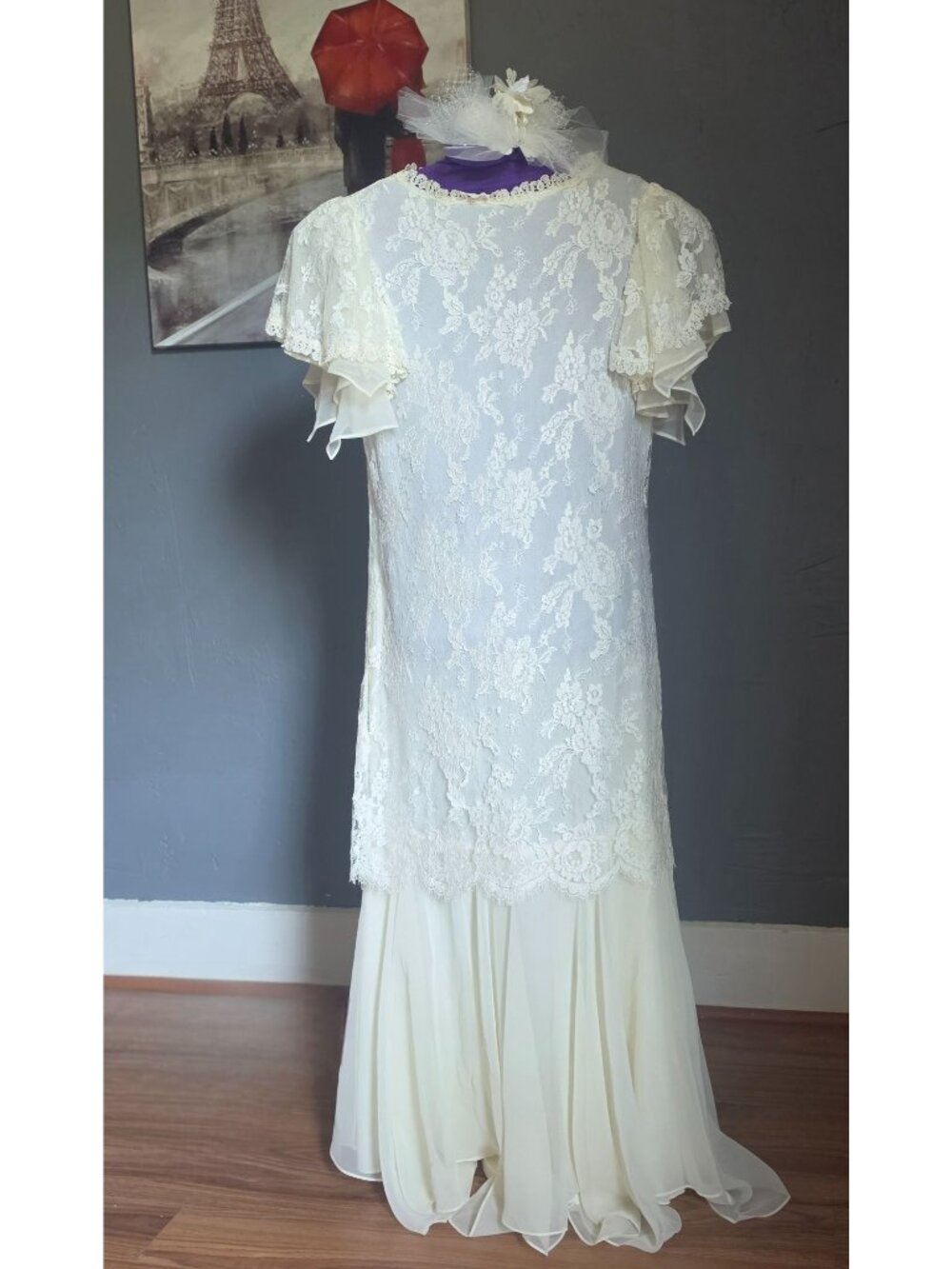 Vintage Handmade Ivory Lace Flutter Sleeve Sheer Overlay Boho Wedding Dress Sz M